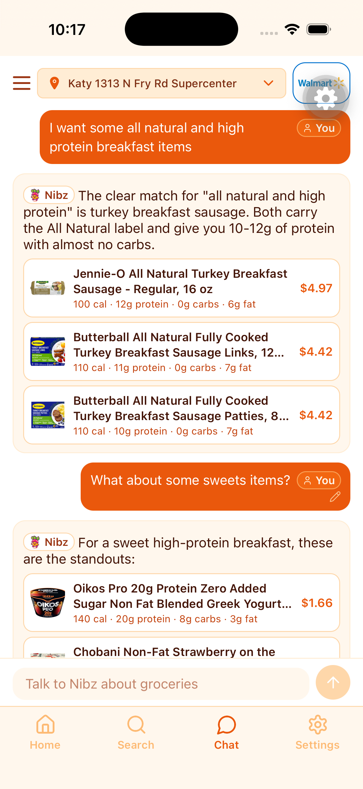 Fitnibz AI chat suggesting high-protein breakfast products at Walmart