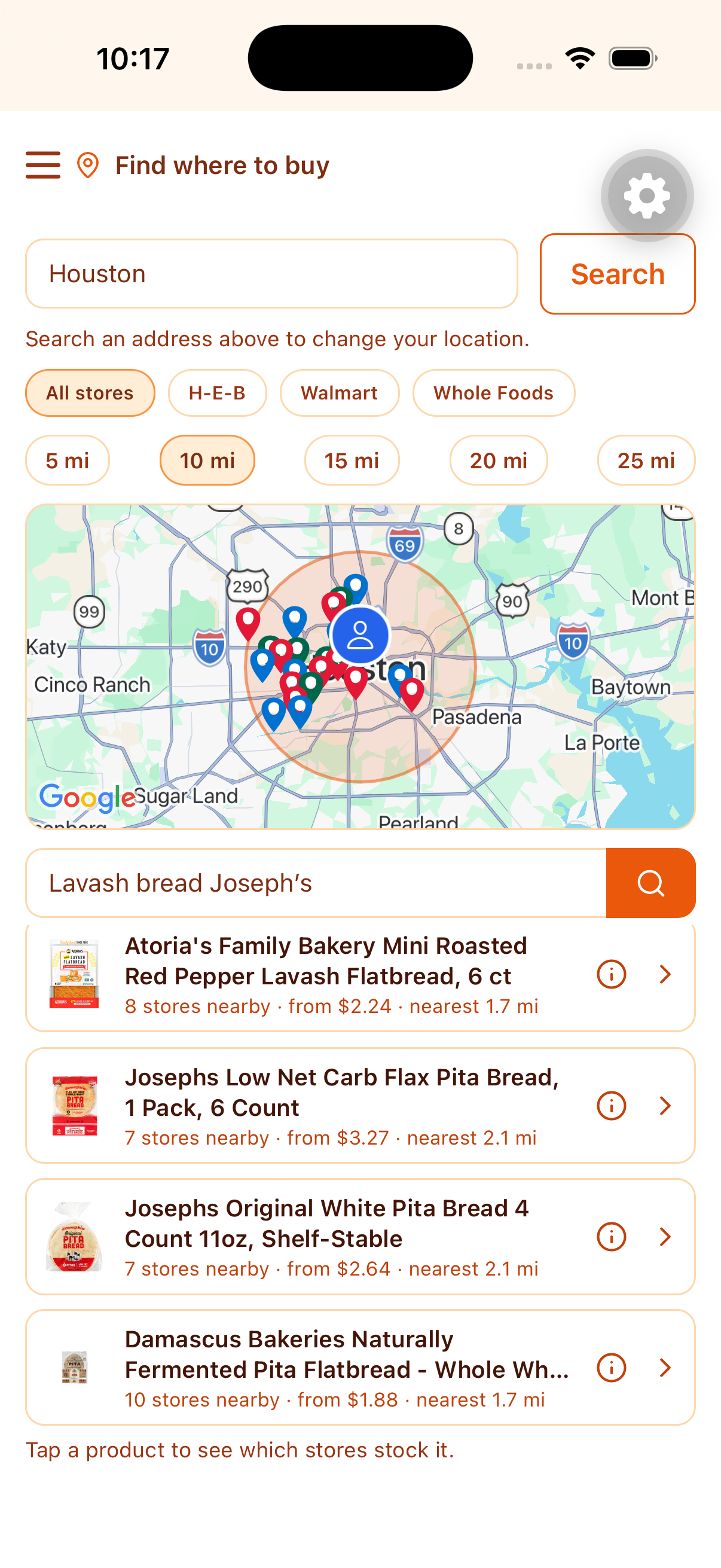 Fitnibz map showing nearby stores that stock a specific product