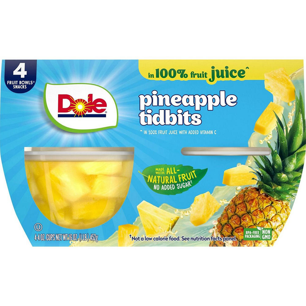 Dole Fruit Bowls - Pineapple Tidbits in 100% Pineapple Juice, 4 ct
