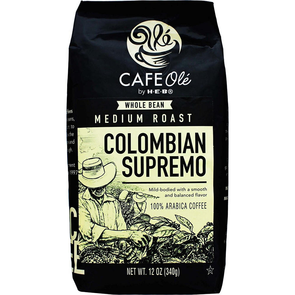 CAFE Olé by H-E-B Whole Bean Medium Roast Columbian Supremo Coffee, 12 oz