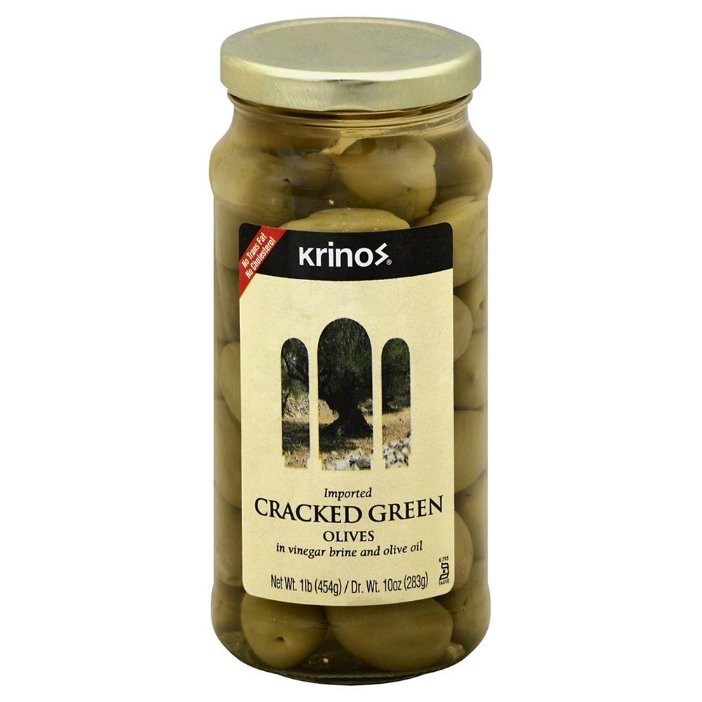 Krinos Cracked Green Olives in Vinegar Brine & Olive Oil, 1 lb