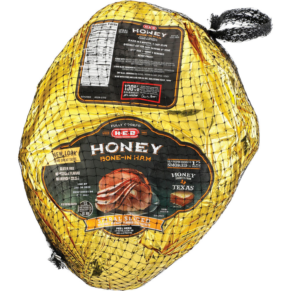 H-E-B Fully Cooked Bone-in Hardwood Smoked Whole Spiral Sliced Ham - Honey Glaze, Avg. 16.0 lbs