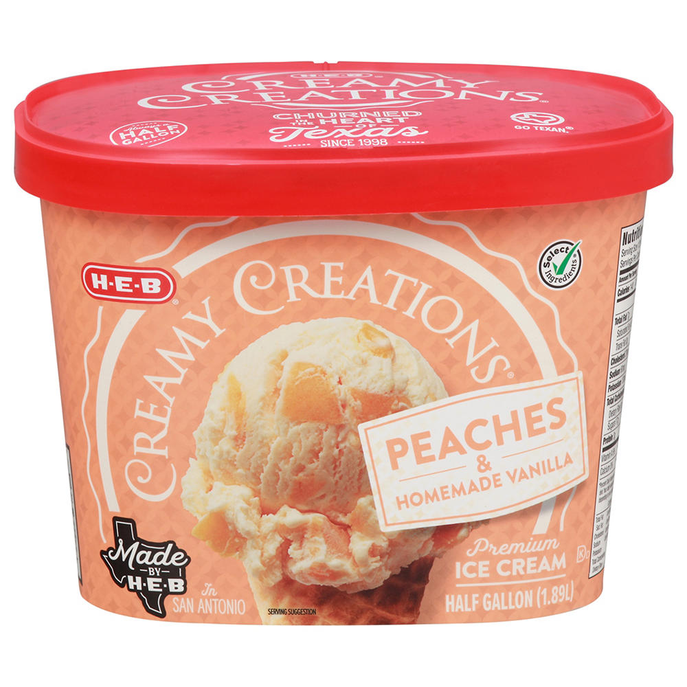 H-E-B Creamy Creations Peaches & Homemade Vanilla Ice Cream, 1/2 gal