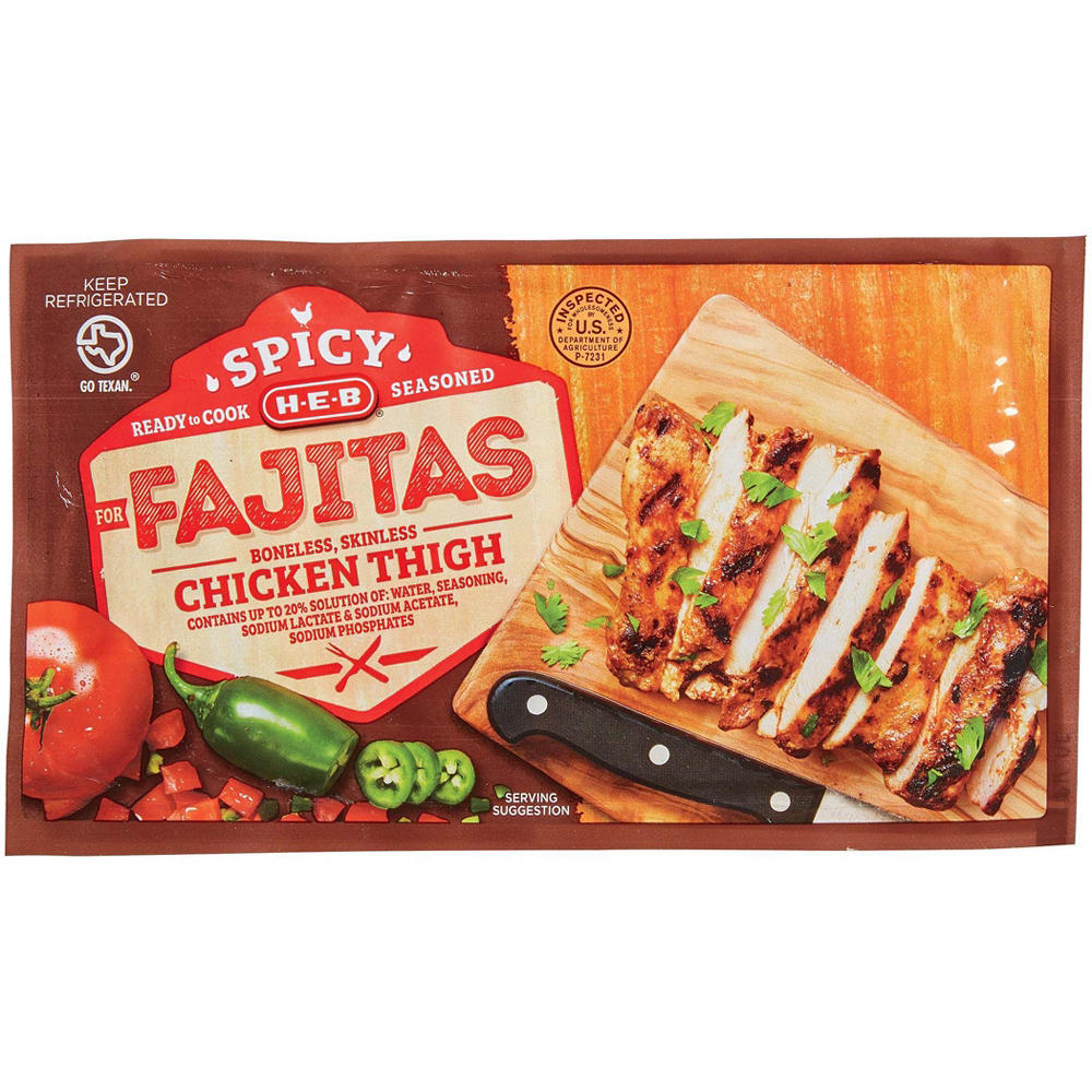 H-E-B Seasoned Spicy Boneless Skinless Chicken Thighs for Fajitas, Avg. 2.2 lbs