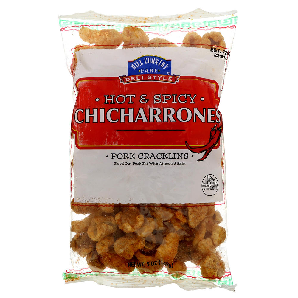 Hill Country Fare Deli Style Hot and Spicy Chicharrones Pork Cracklins, 5 oz