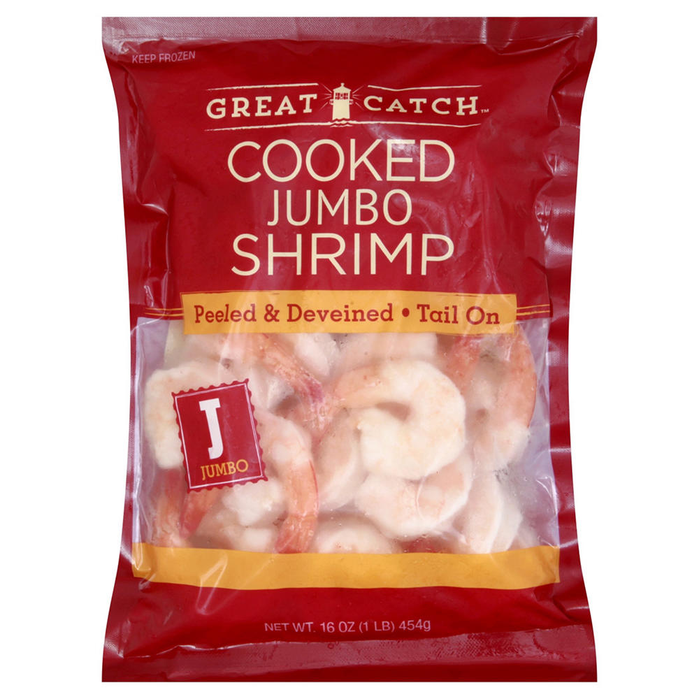 Great Catch Frozen Peeled Deveined Tail-On Jumbo Cooked Shrimp, 26 - 30 ct/lb, 1 lb
