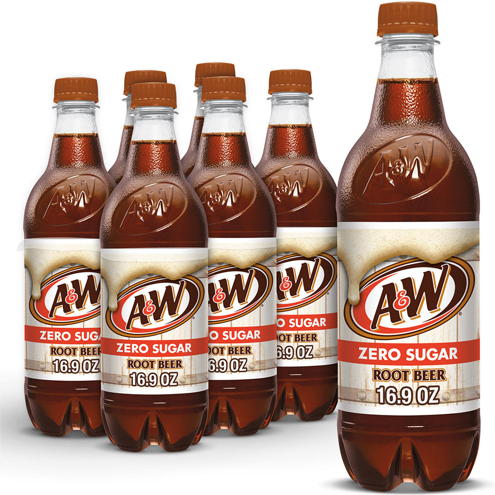 A&W Zero Sugar Root Beer Caffeine Free Soda 6 pk Bottles, .5 L