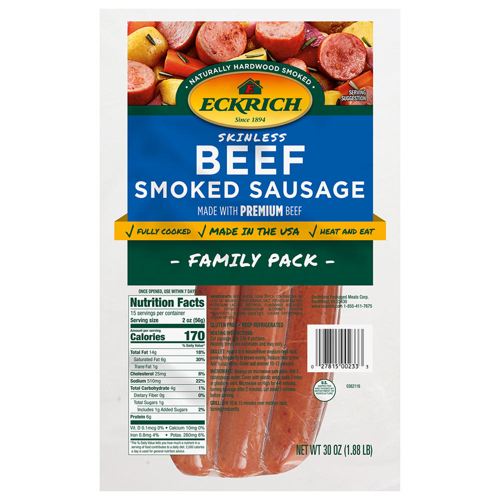 Eckrich Skinless Beef Smoked Sausage - Family Pack, 30 oz