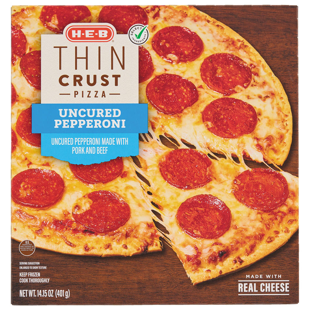 H-E-B Uncured Pepperoni Thin Crust Frozen Pizza, 14.15 oz