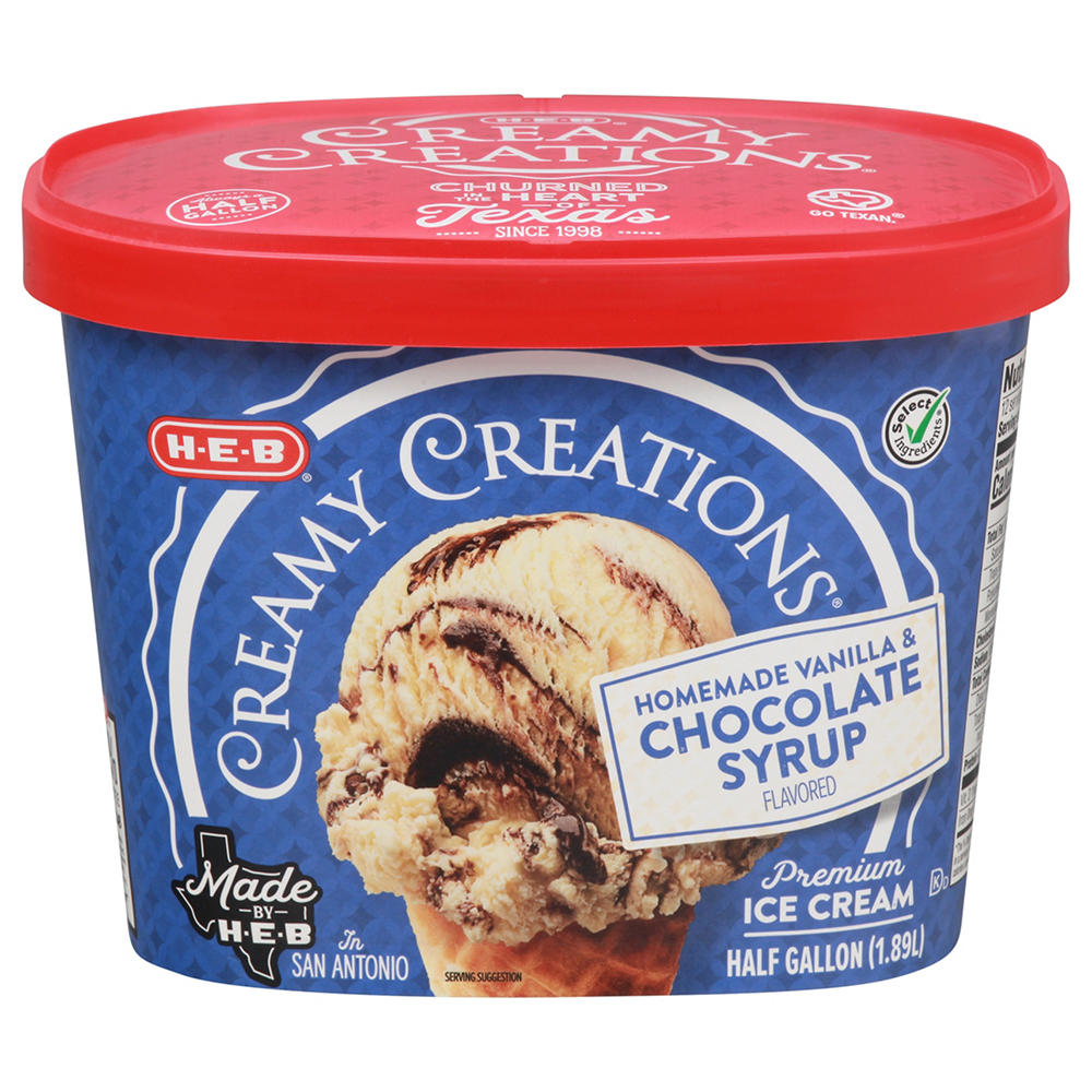 H-E-B Creamy Creations Homemade Vanilla & Chocolate Syrup Ice Cream, 1/2 gal