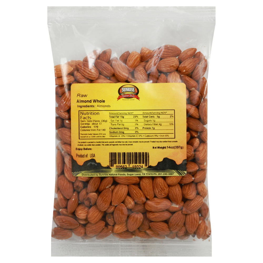 Sunrise Natural Foods Whole Raw Almonds, 14 oz