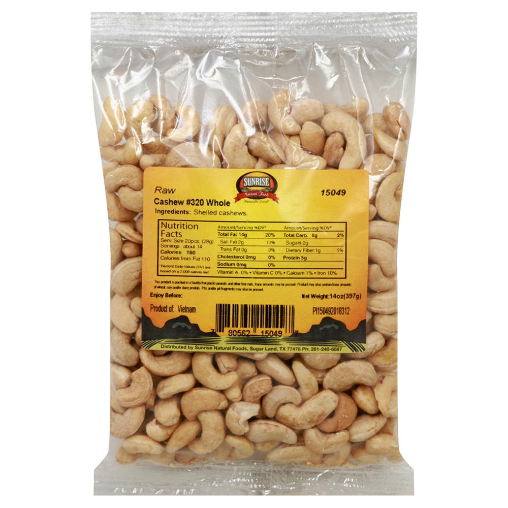 Sunrise Natural Foods Whole Raw Cashews, 14 oz