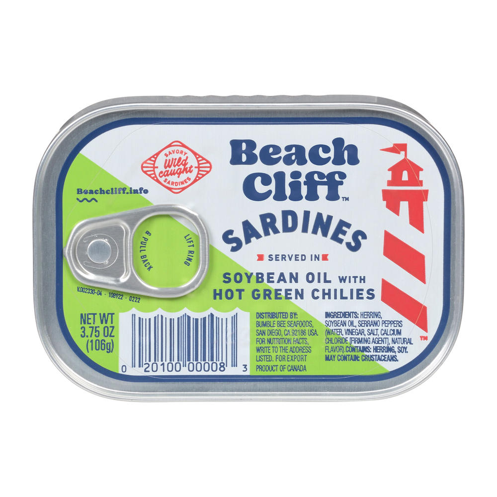 Beach Cliff Sardines in Soybean Oil with Hot Green Chilies, 3.75 oz
