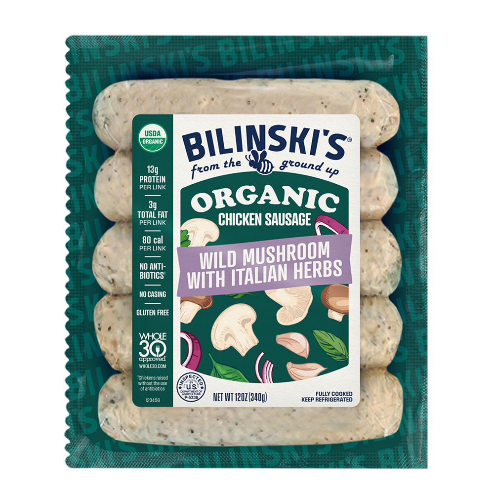 BILINSKI'S Organic Fully Cooked Chicken Sausage Links - Wild Mushroom Italian Herb, 5 ct