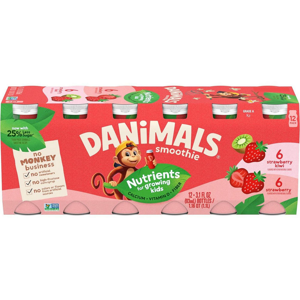 Danimals Smoothies 12 pk Bottles - Strawberry & Strawberry Kiwi, 3.1 oz