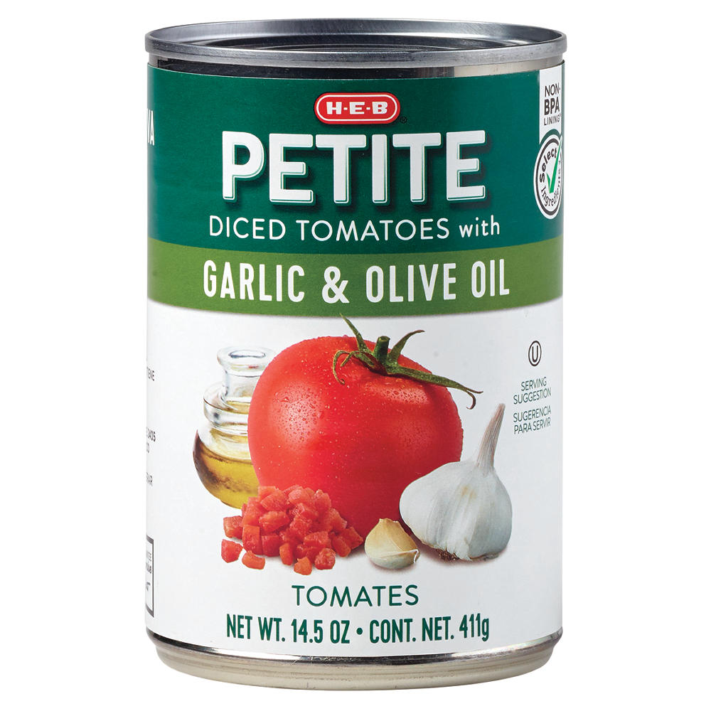 H-E-B Petite Diced Tomatoes with Garlic & Olive Oil, 14.5 oz