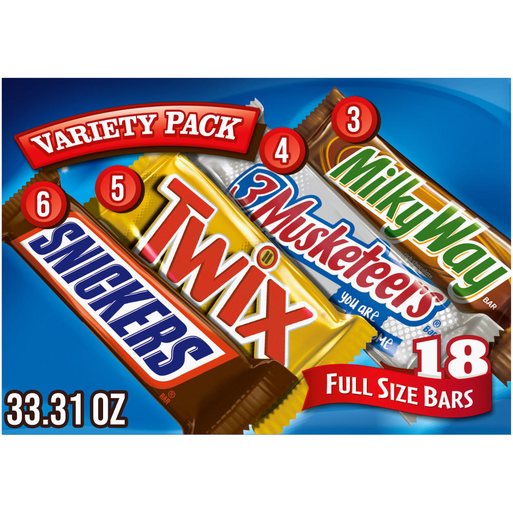 Snickers, Twix, Milky Way & 3 Musketeers Individually Wrapped Variety Pack Full Size Milk Chocolate Candy Bars Bulk Assortment, 18 ct, 33.31 oz