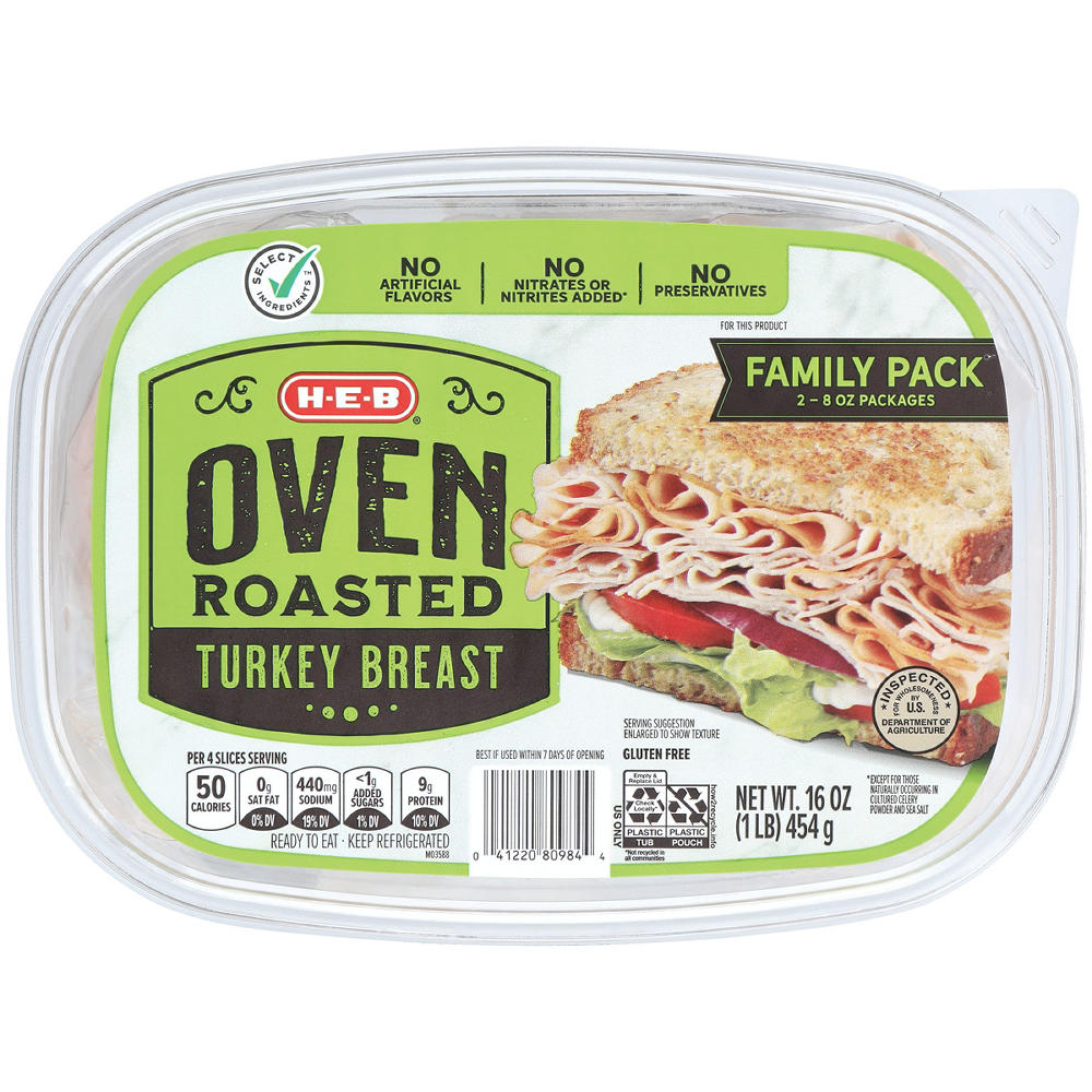 H-E-B Oven-Roasted Turkey Breast Lunch Meat - Family Pack, 16 oz