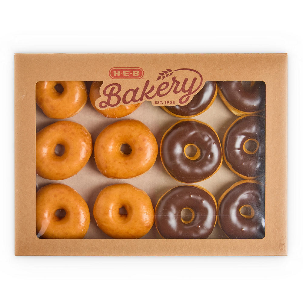 H-E-B Bakery Mixed Dozen Glazed & Chocolate Iced Yeast Donuts, 12 ct