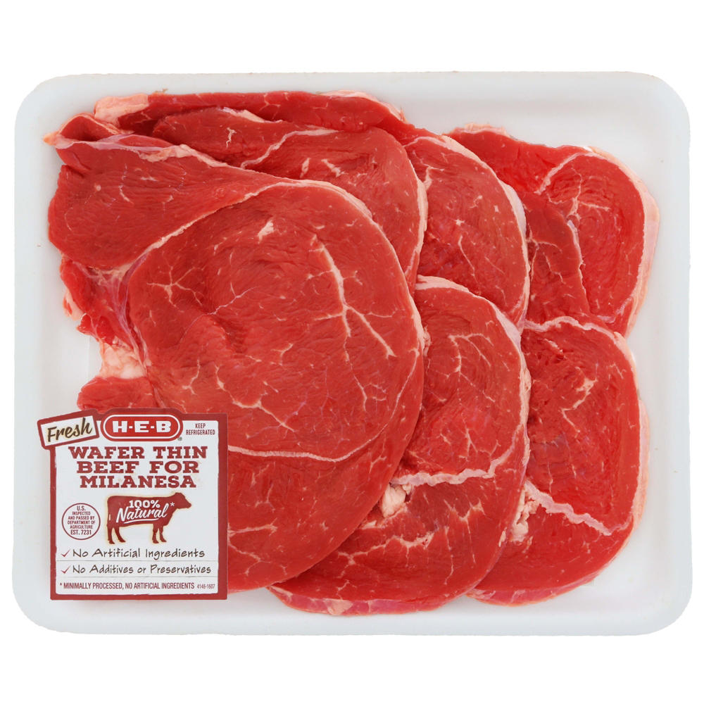 H-E-B Boneless Beef Round Tip Steak Milanesa, Wafer Thin Cut - USDA Select, Avg. 0.87 lb