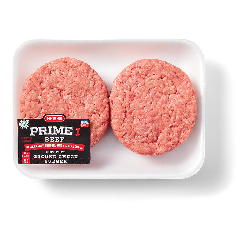 H-E-B Prime 1 Beef Ground Chuck Burger Patties, 80% Lean, Avg. 1.0 lb