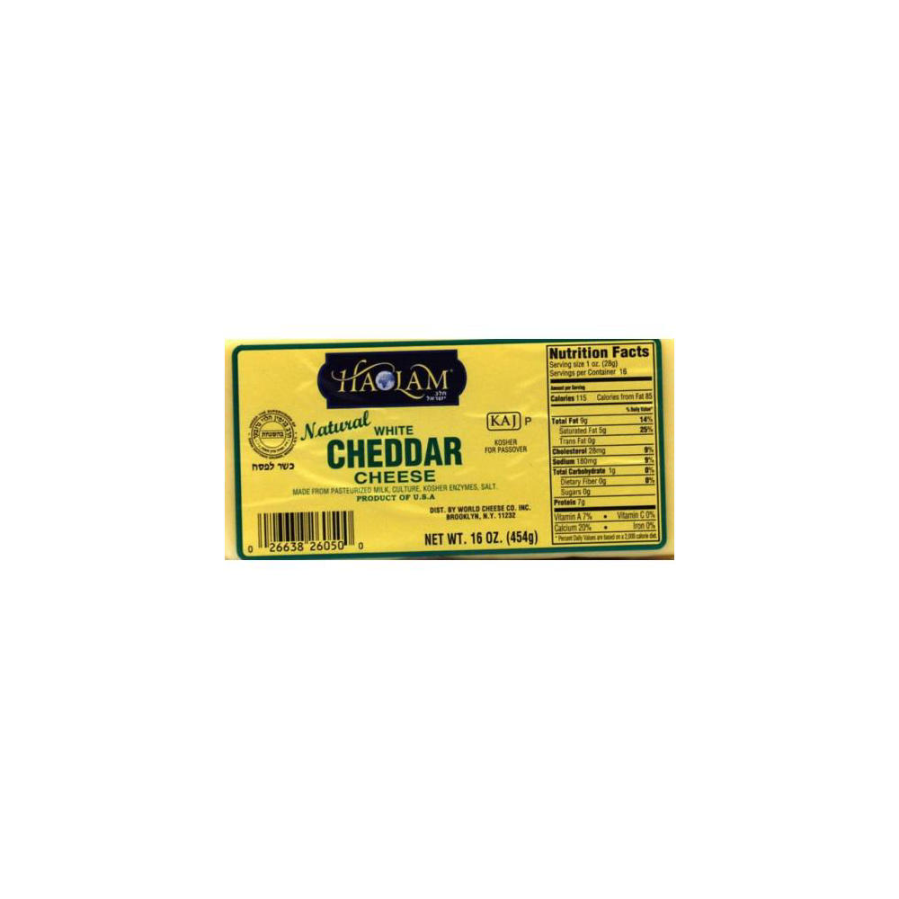 Haolam Kosher White Cheddar Cheese  Block, 16 oz