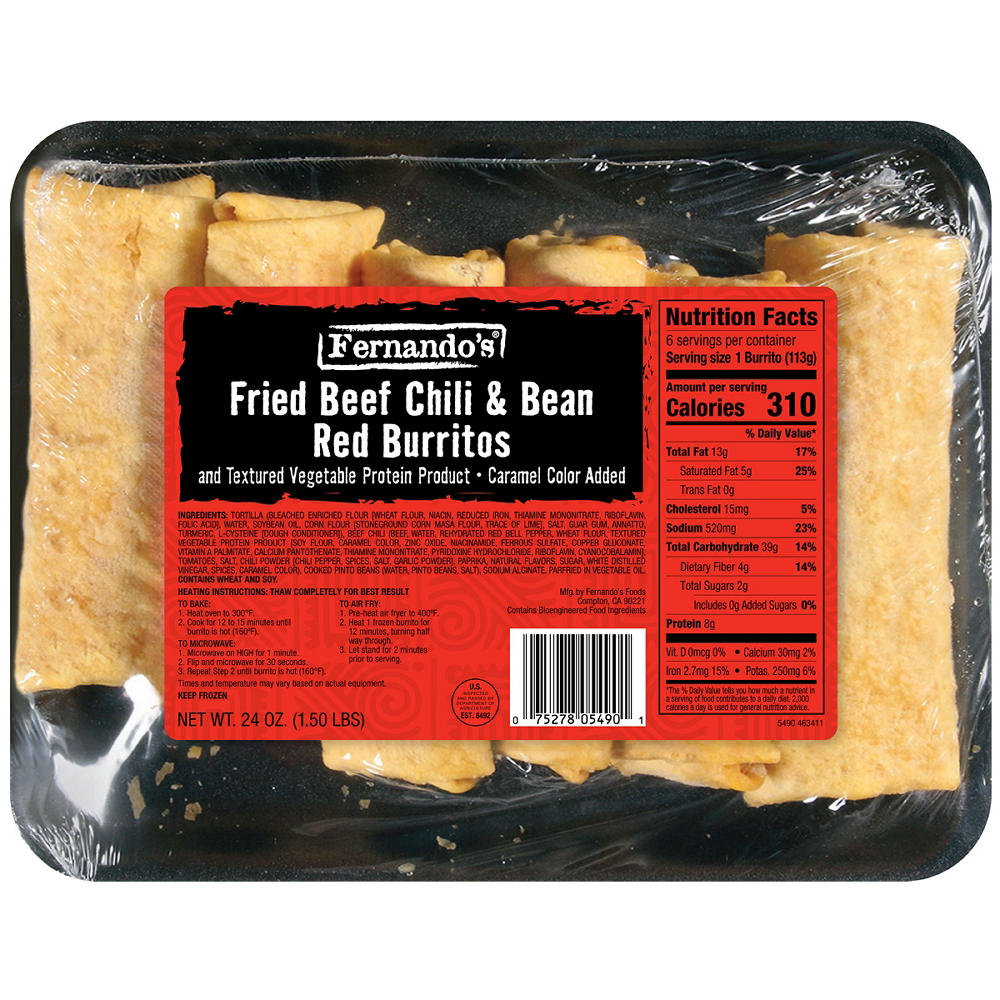 Fernando's Frozen Fried Beef Chili & Bean Red Burritos, 6 ct
