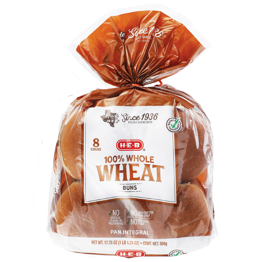 H-E-B 100% Whole Wheat Hamburger Buns, 8 ct
