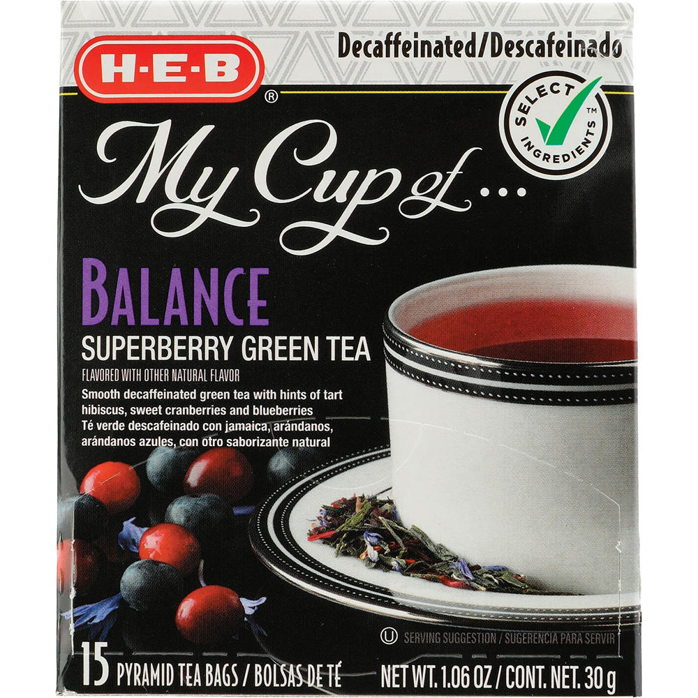 H-E-B My Cup of Balance Decaffeinated Superberry Green Tea, Pyramid Tea Bags, 15 ct