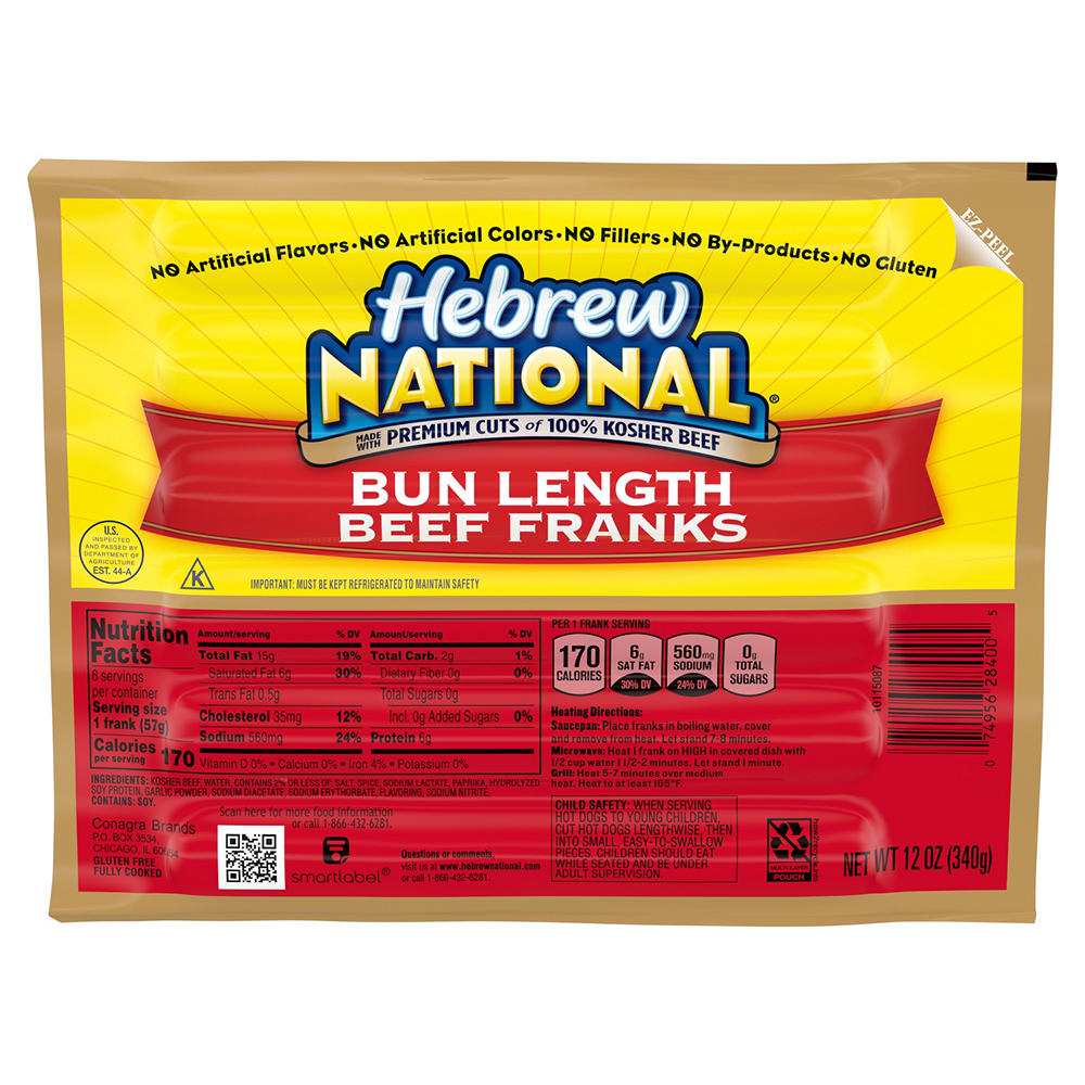 Hebrew National Kosher Bun Length Beef Franks Hot Dogs, 6 ct