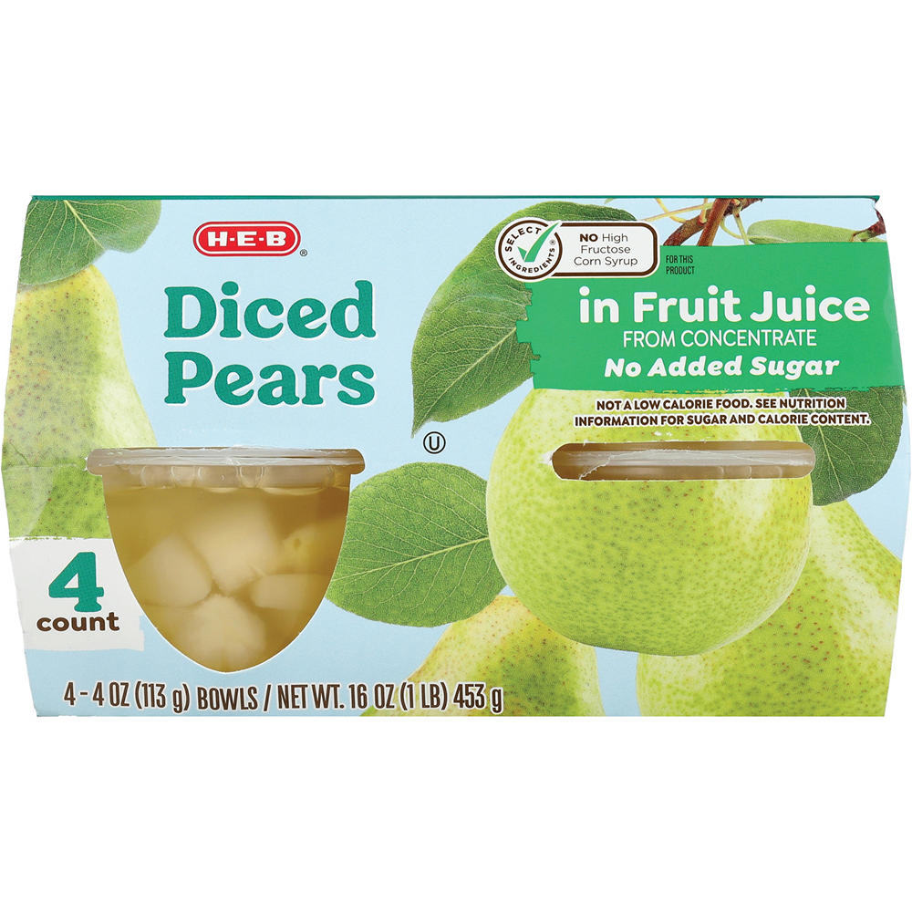 H-E-B Diced Pears in Fruit Juice Snack Bowls, 4 ct