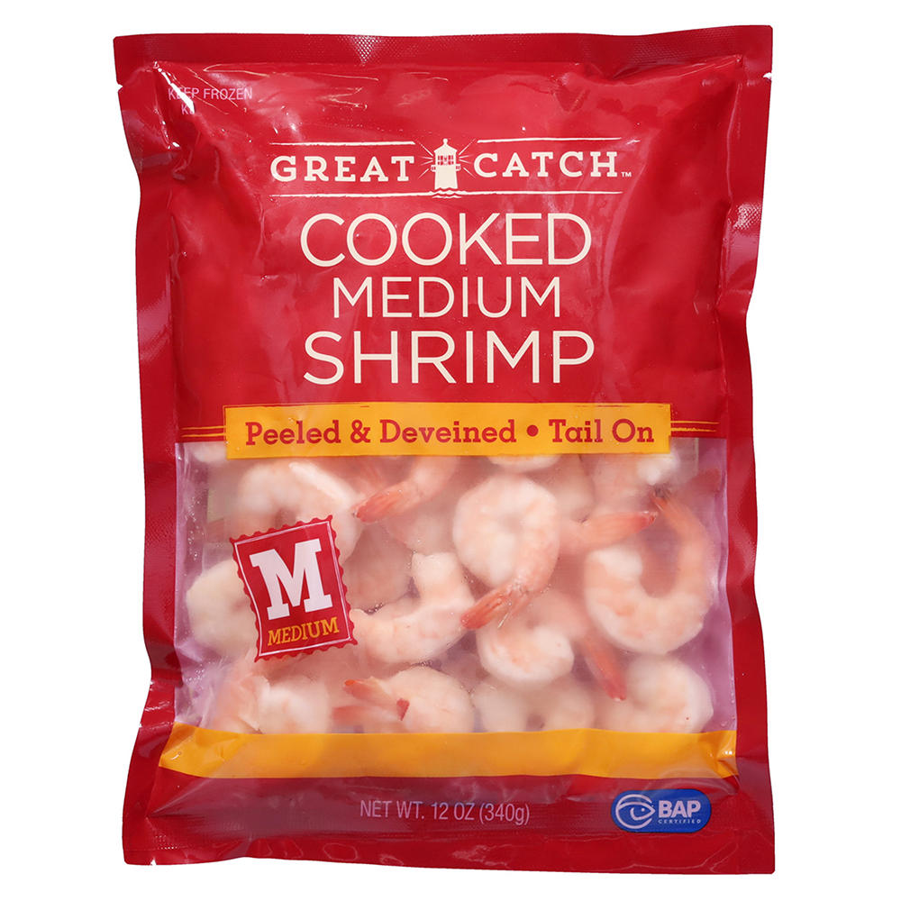 Great Catch Frozen Peeled Deveined Tail-On Medium Cooked Shrimp, 41 - 60ct/lb, 12 oz