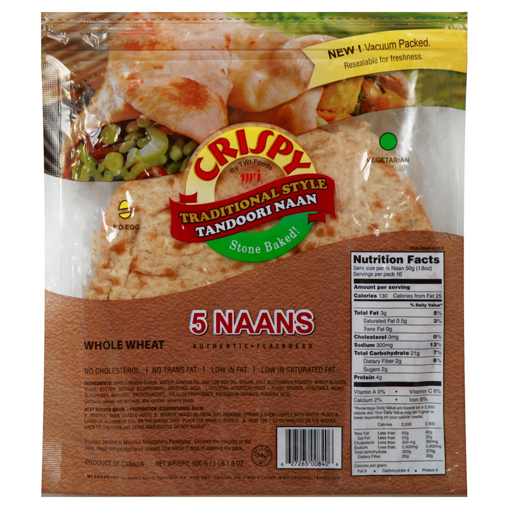 TWI Foods Whole Wheat Traditional Style Tandoori Naan, 5 ct