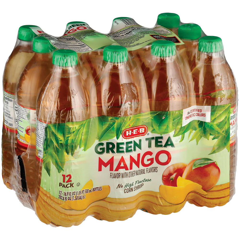 H-E-B Mango Green Tea 12 pk Bottles, 16.9 oz