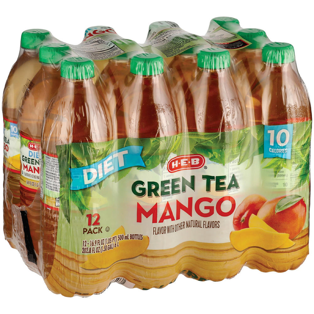 H-E-B Diet Mango Green Tea 12 pk Bottles, 16.9 oz
