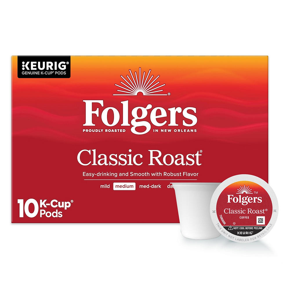 Folgers Classic Roast Medium Roast Single Serve Coffee K Cups, 10 ct