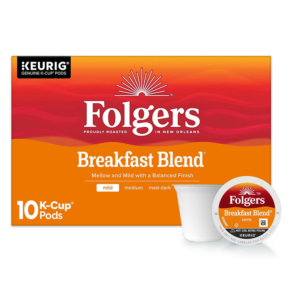 Folgers Breakfast Blend Light Roast Single Serve Coffee K Cups, 10 ct
