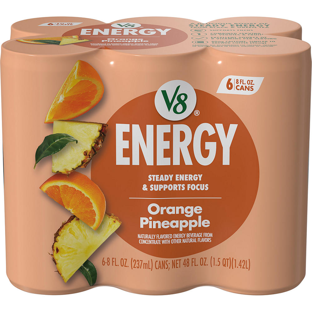 V8 Energy Orange Pineapple Juice Energy Drink 6 pk Cans, 8 oz