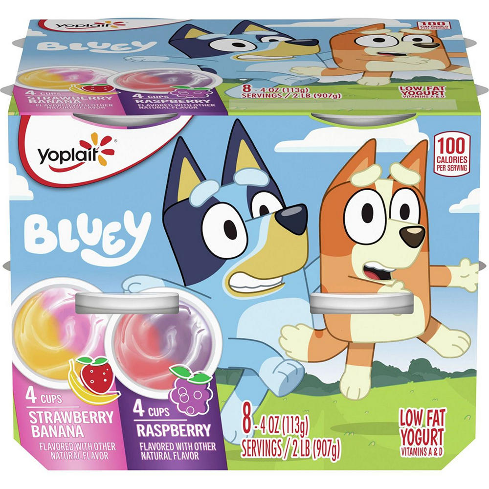 Yoplait Bluey Low-Fat Raspberry & Strawberry Banana Yogurt Value Pack, 8 ct