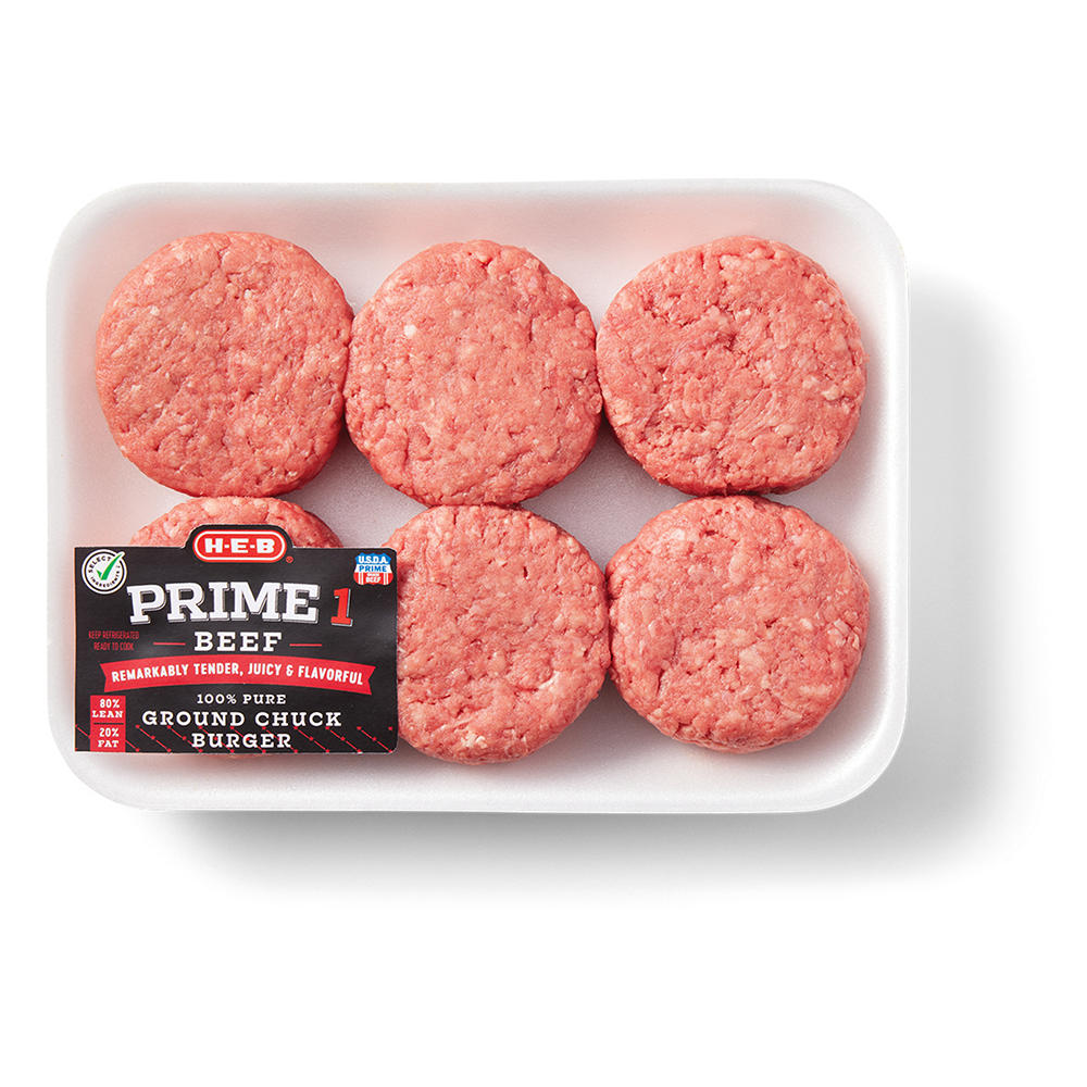 H-E-B Prime 1 Beef Ground Chuck Sliders, 80% Lean, Avg. 0.85 lb