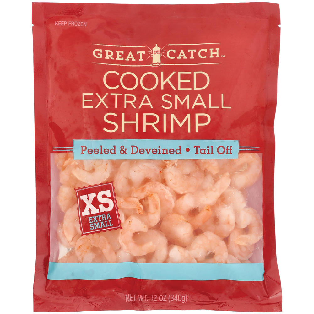 Great Catch Frozen Peeled Deveined Tail-Off Extra Small Cooked Shrimp, 100 - 150 ct/lb, 12 oz