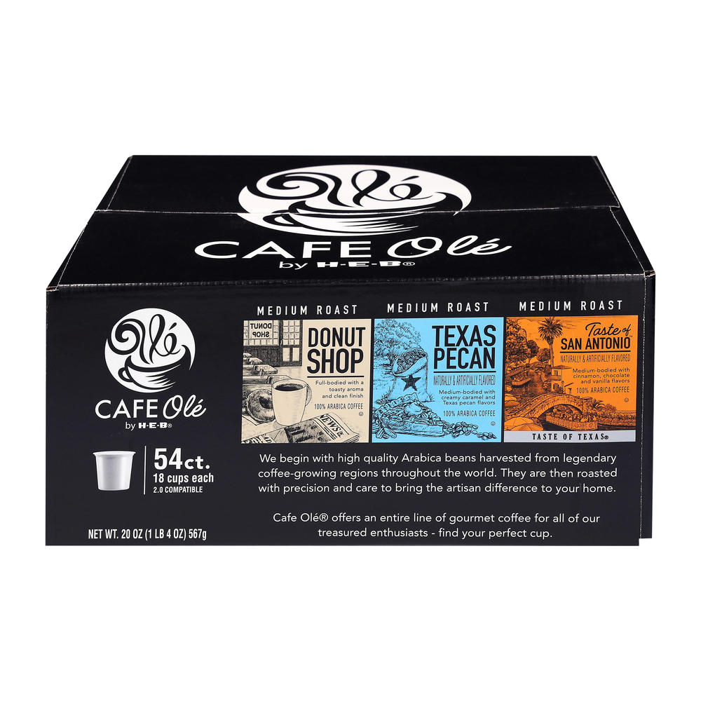 CAFE Olé by H-E-B Donut Shop, Texas Pecan & Taste of San Antonio Coffee Single Serve Cups - Variety Pack, 54 ct