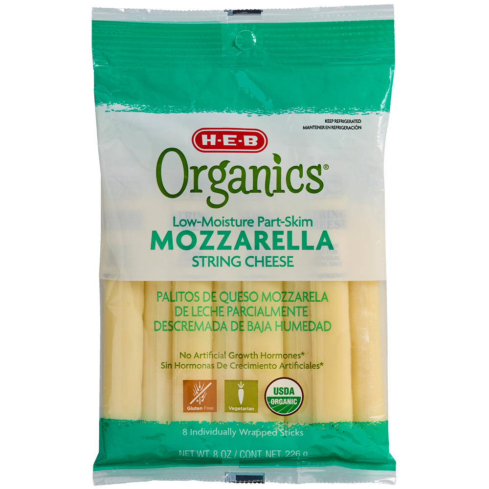 H-E-B Organics Low Moisture Part-Skim Mozzarella String Cheese, 8 ct, 8 oz