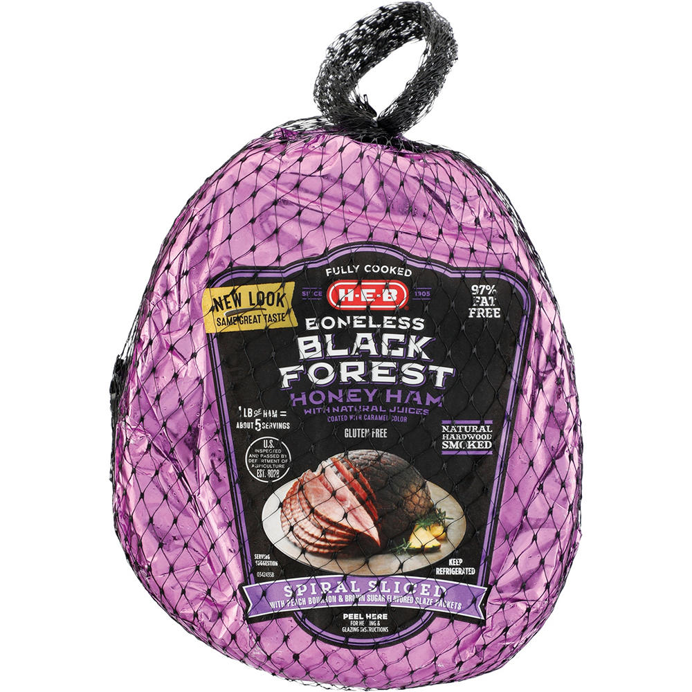 H-E-B Fully Cooked Boneless Black Forest Half Spiral Sliced Honey Ham - Peach Bourbon Glaze, Avg. 5.6 lbs