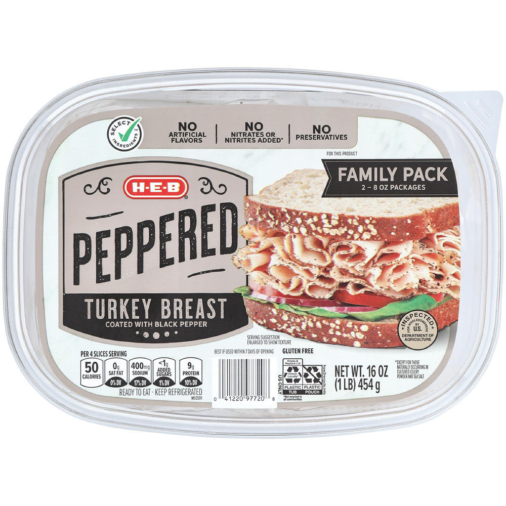 H-E-B Peppered Turkey Breast Lunch Meat - Family Pack, 16 oz