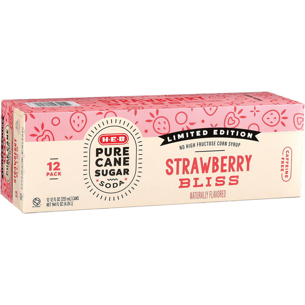 H-E-B Pure Cane Sugar Strawberry Bliss Soda 12 pk Cans, 12 oz