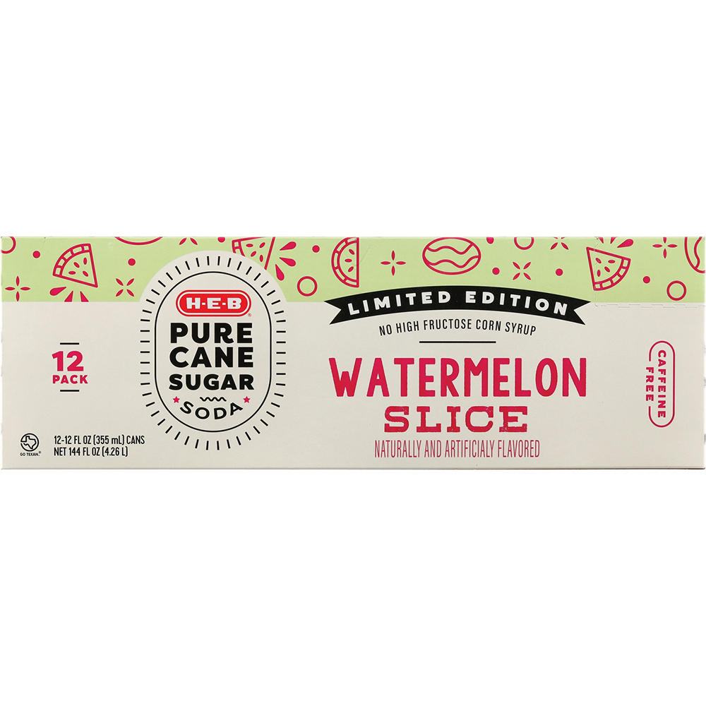 H-E-B Pure Cane Sugar Watermelon Slice Soda 12 pk Cans, 12 oz