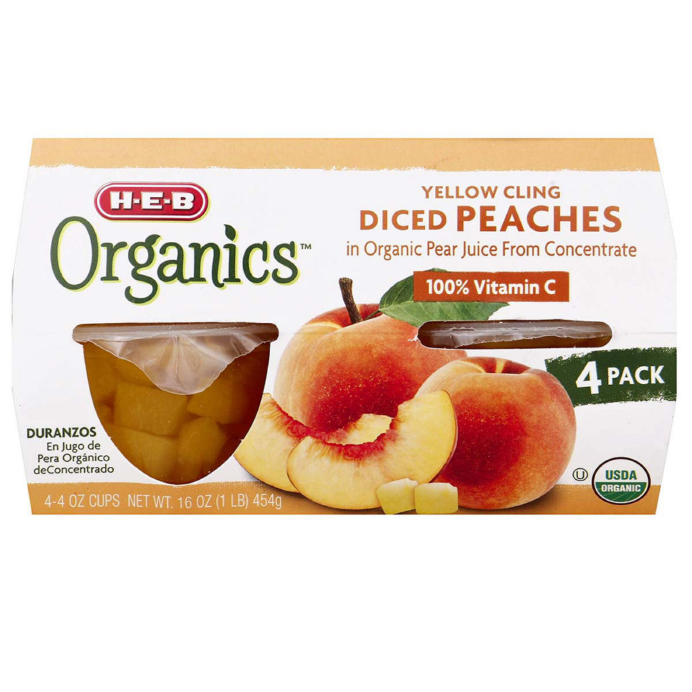 H-E-B Organics Diced Yellow Cling Peach Snack Bowls, 4 pk