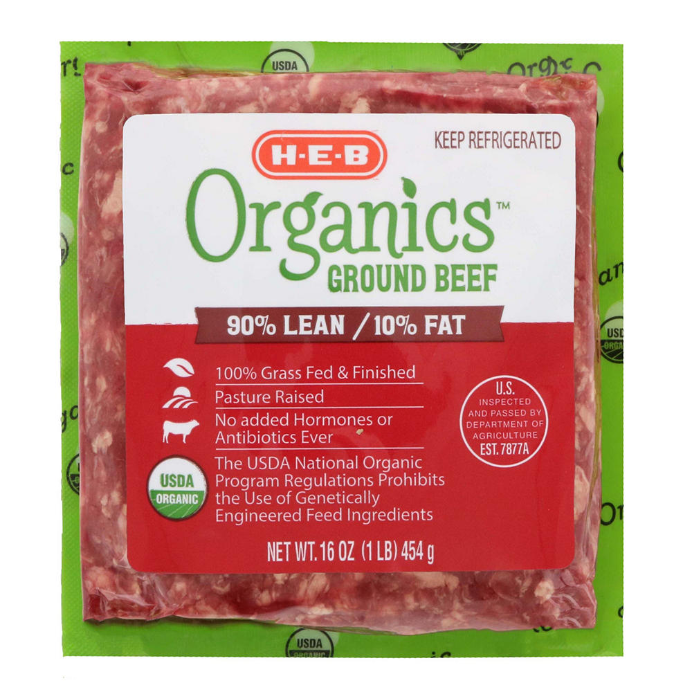 H-E-B Organics Ground Beef, 90% Lean, 1 lb