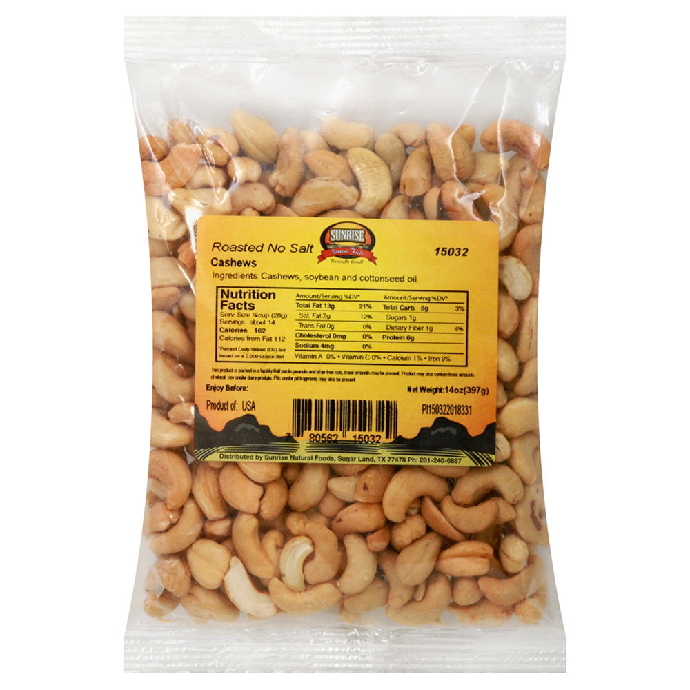 Sunrise Natural Foods Unsalted Roasted Cashews, 14 oz